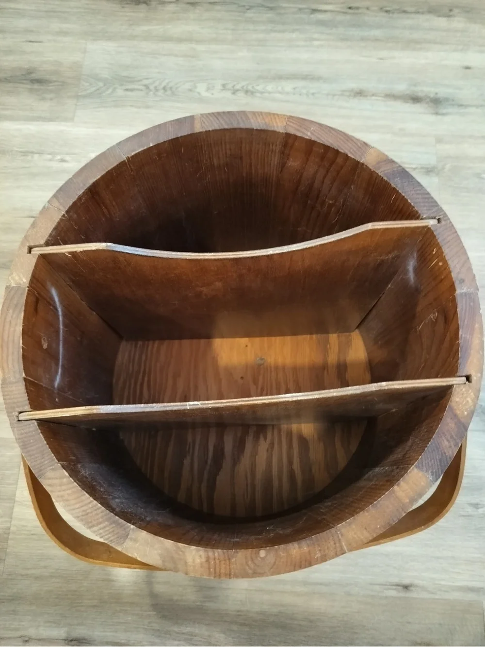 Vintage Basketville Putney VT Divided Wood Firkin Bucket Magazine Holder Shaker